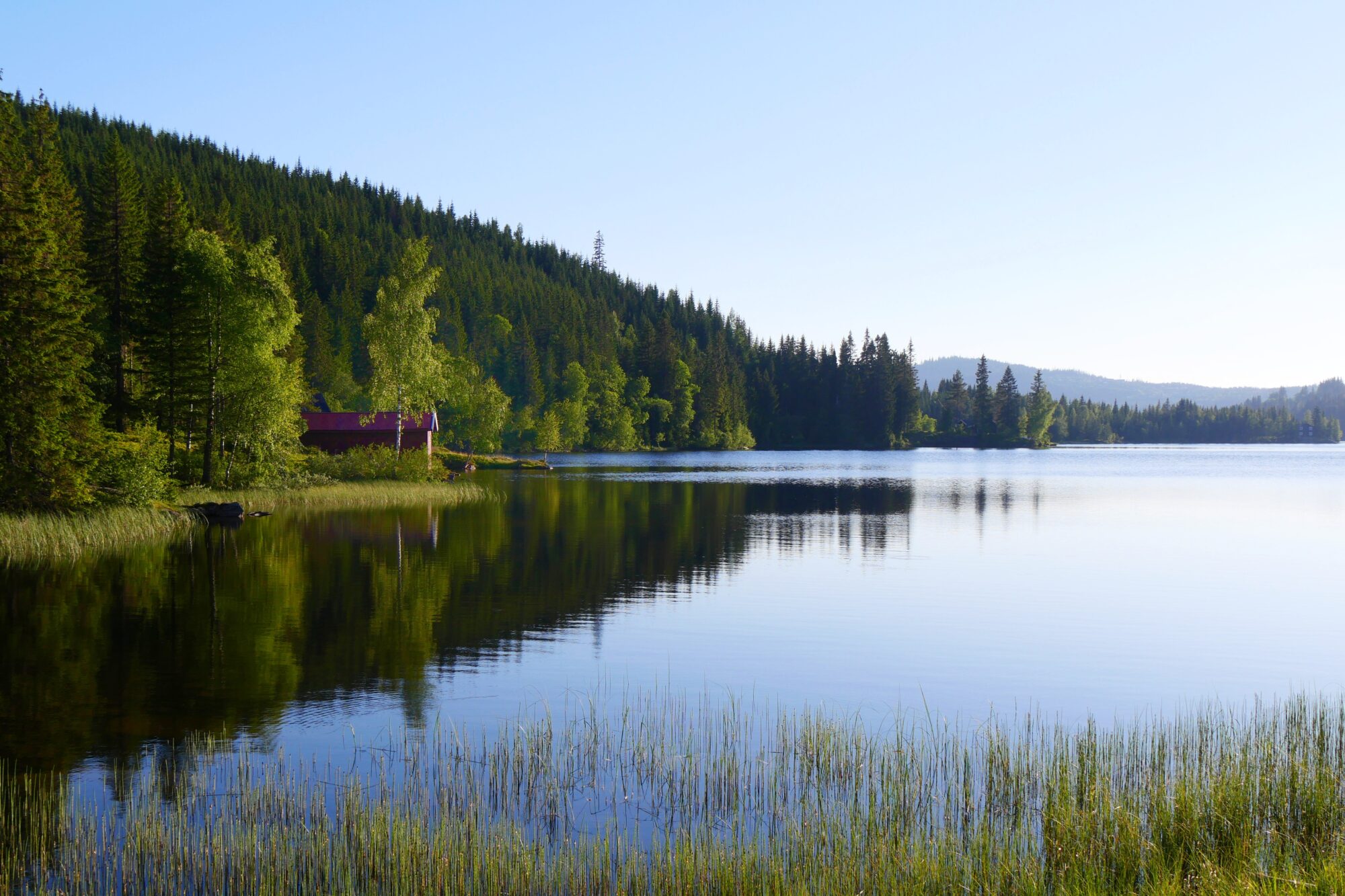 Lac tranquille en Norvège avec une petite cabane au bord de l'eau, entourée de montagnes et de nature.