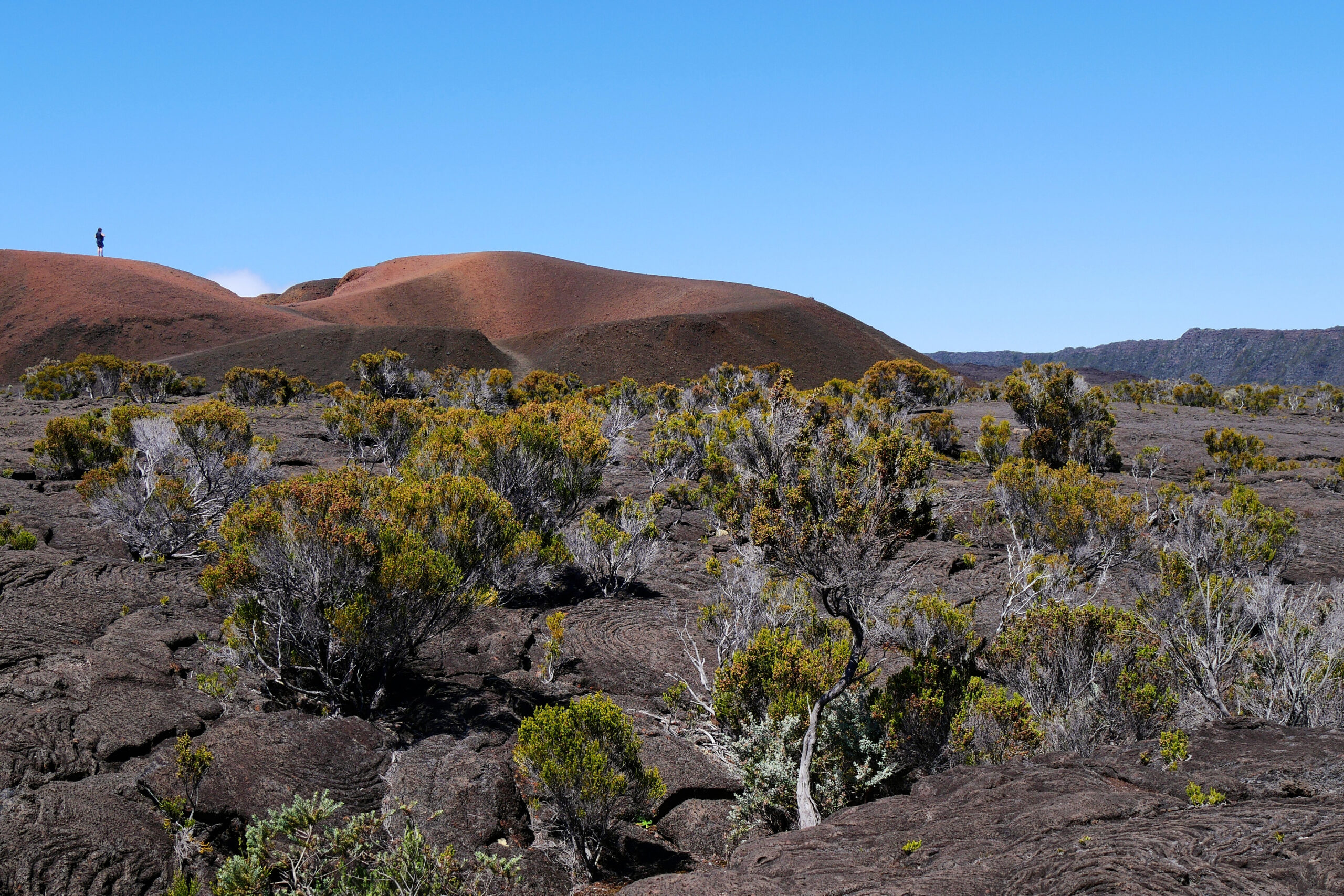 Vue de l'enclos du Piton de la Fournaise à La Réunion, avec le paysage volcanique caractéristique.