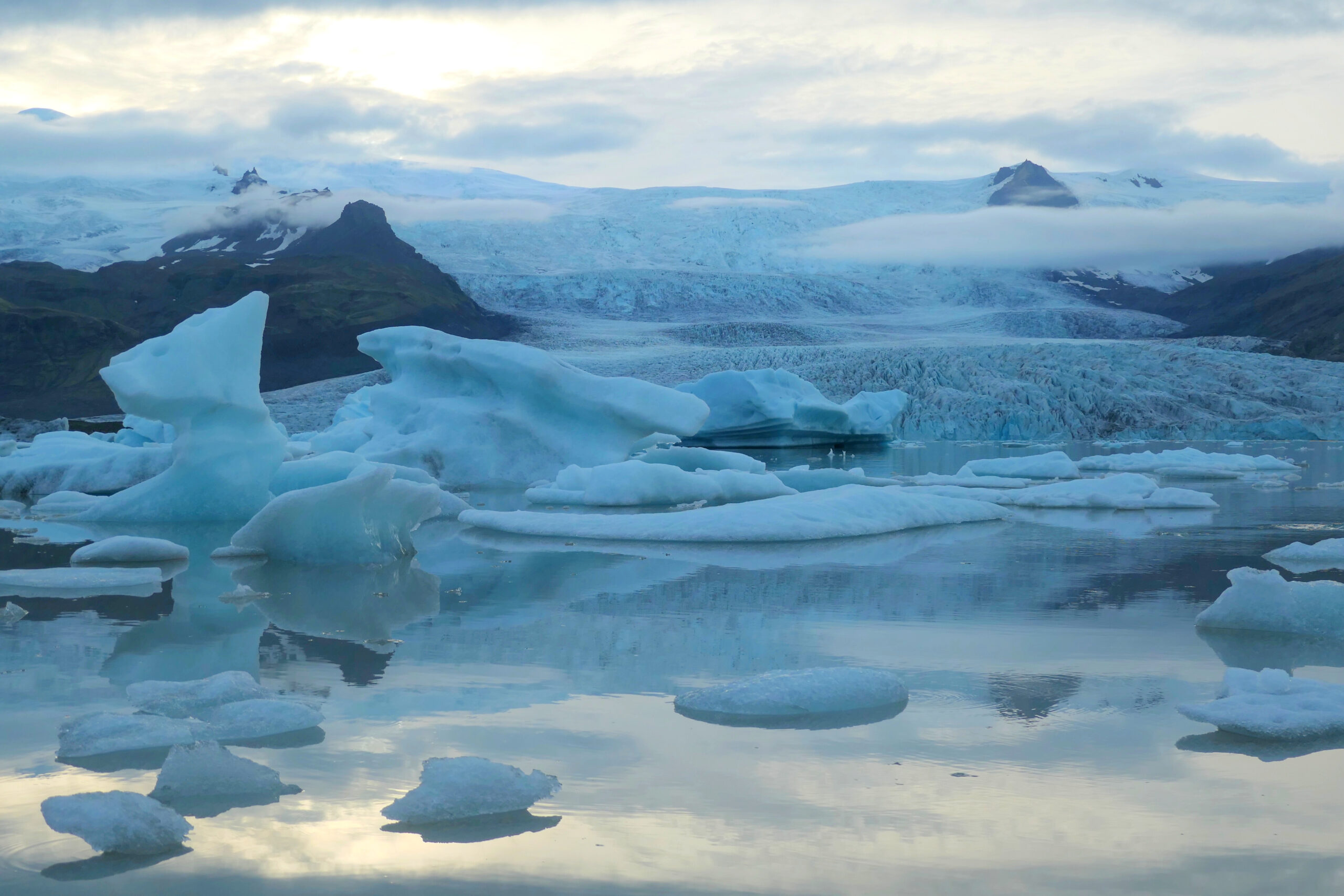 Vue du glacier de Fjallsárlón en Islande, avec ses eaux glaciaires et ses icebergs flottants.