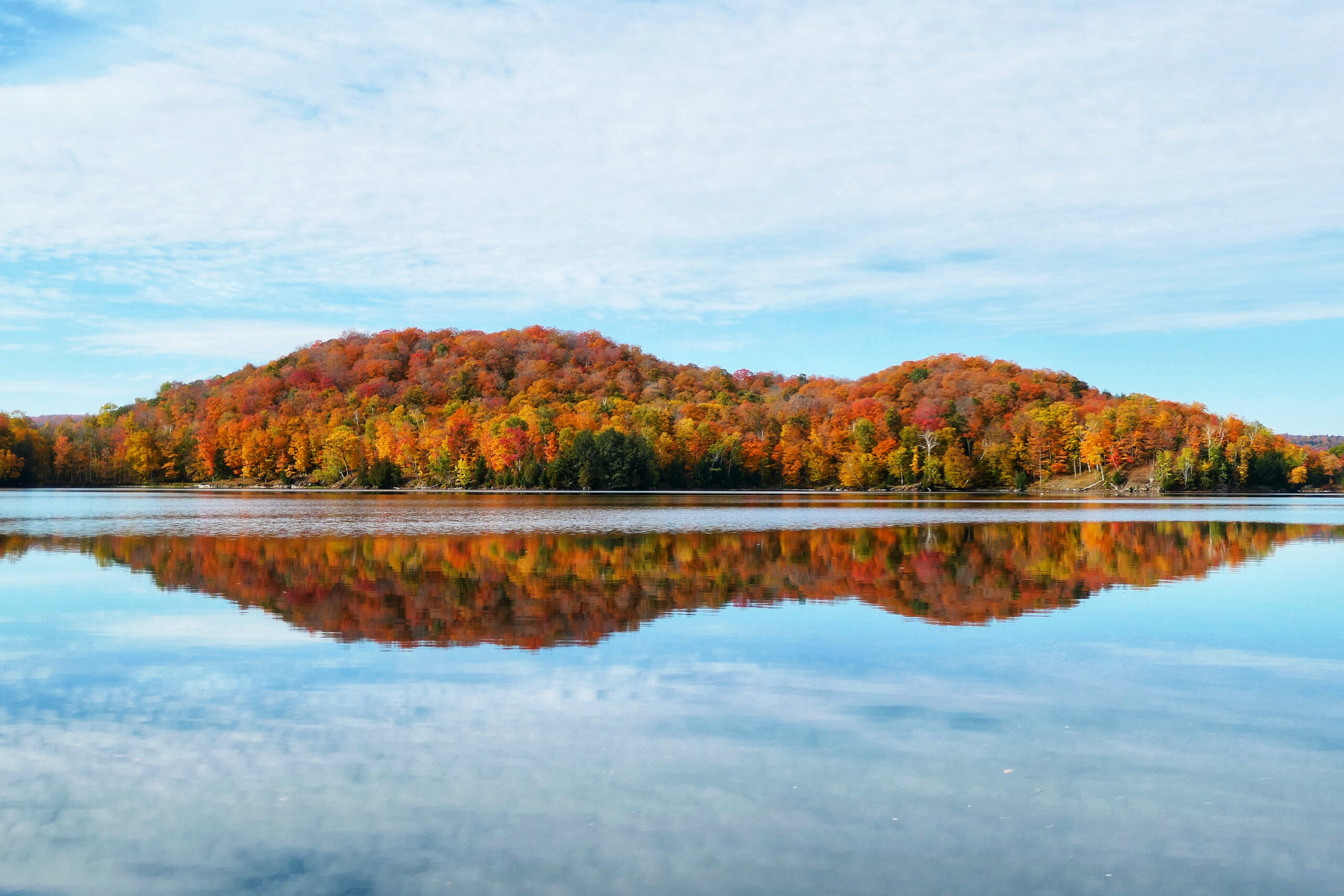 Miroir d'arbres aux couleurs d'automne dans un lac tranquille à Kenauk, Québec.