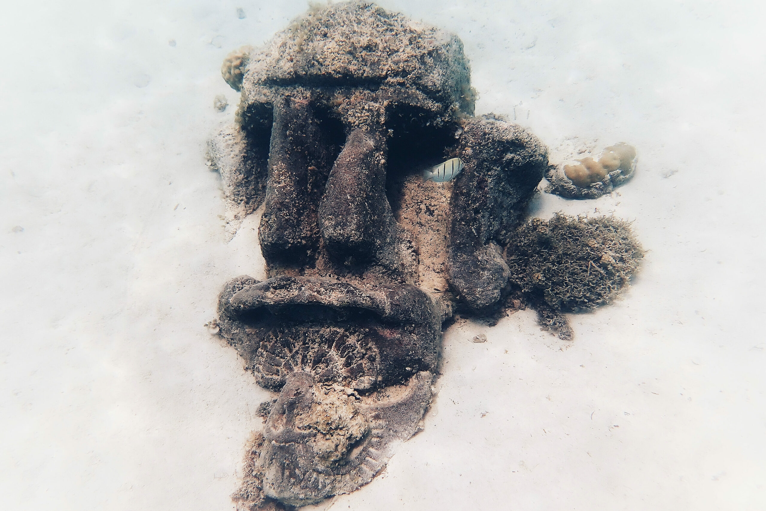 Photo d'une sculpture immergée au fond de l'eau à Moorea