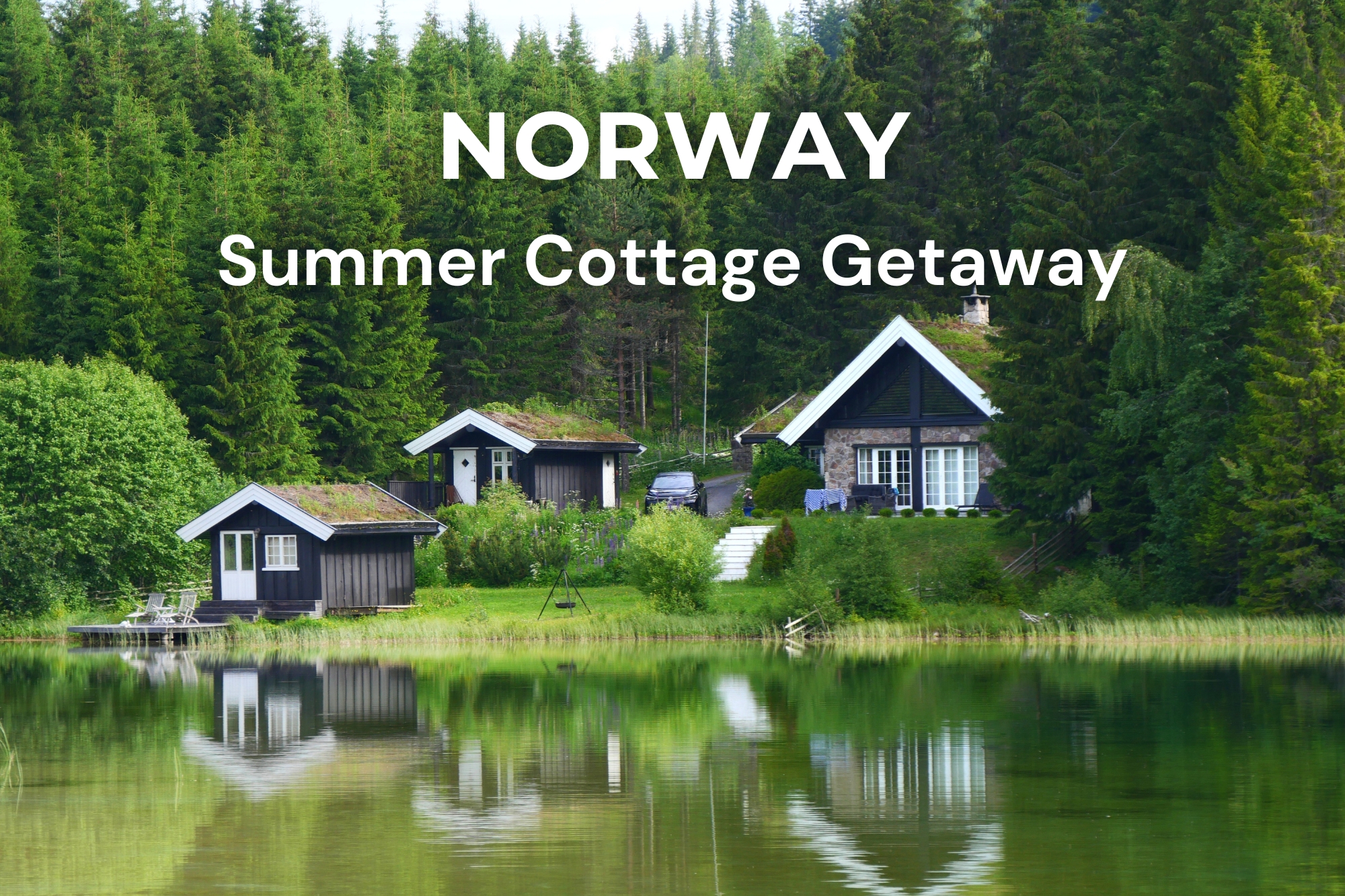 Photo of a lakeside cottage in Norway with the text "Norway summer cottage getaway".