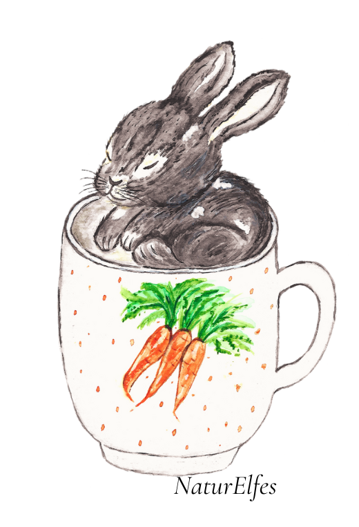 Aquarelle d’un lapin endormi dans une tasse, signé Naturelfes