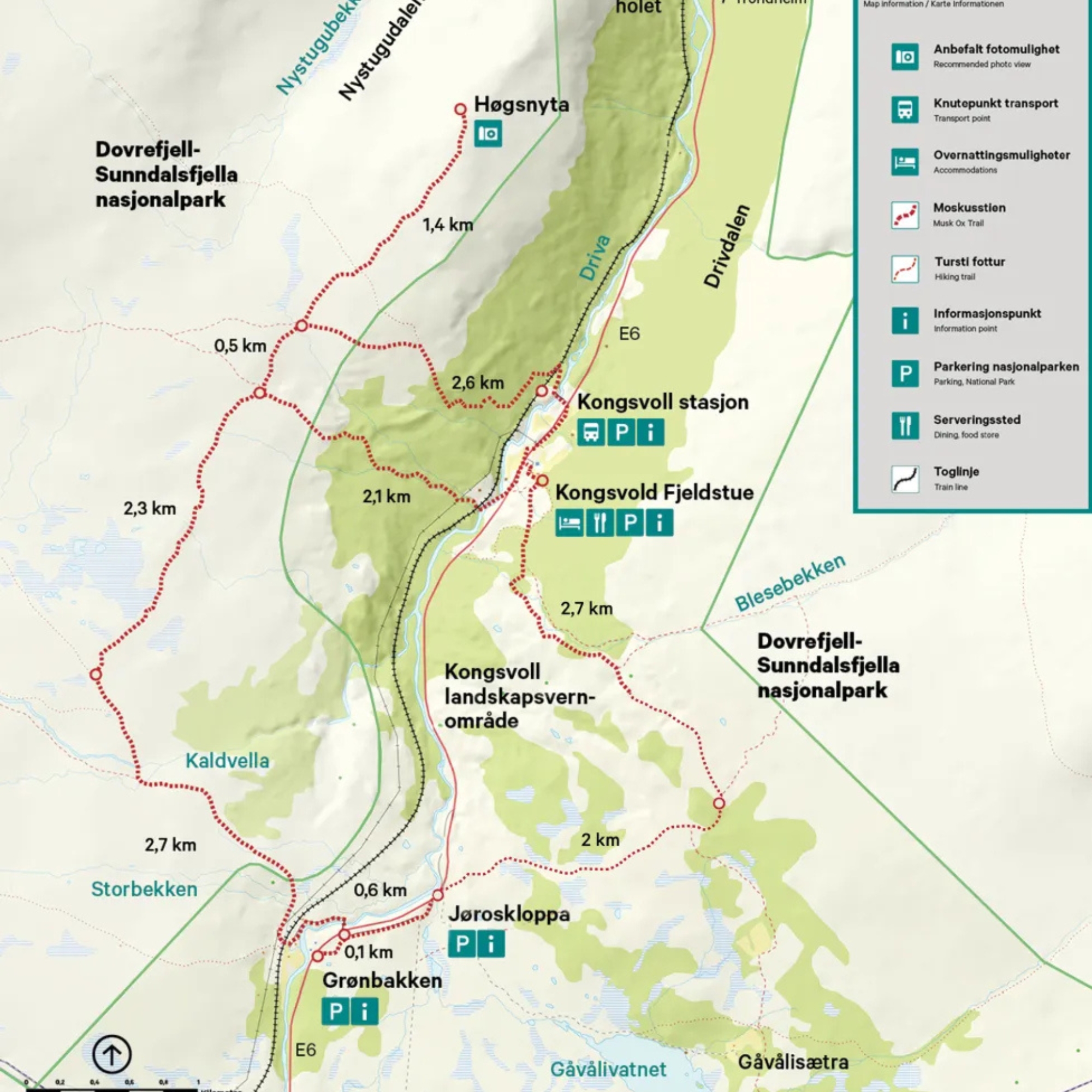 Carte détaillée des sentiers de randonnée dans le parc national du Dovrefjell-Sunndalsfjella, montrant les itinéraires pour observer les bœufs musqués en Norvège.