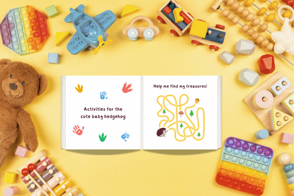 Children’s book activity page with coloring and observation games