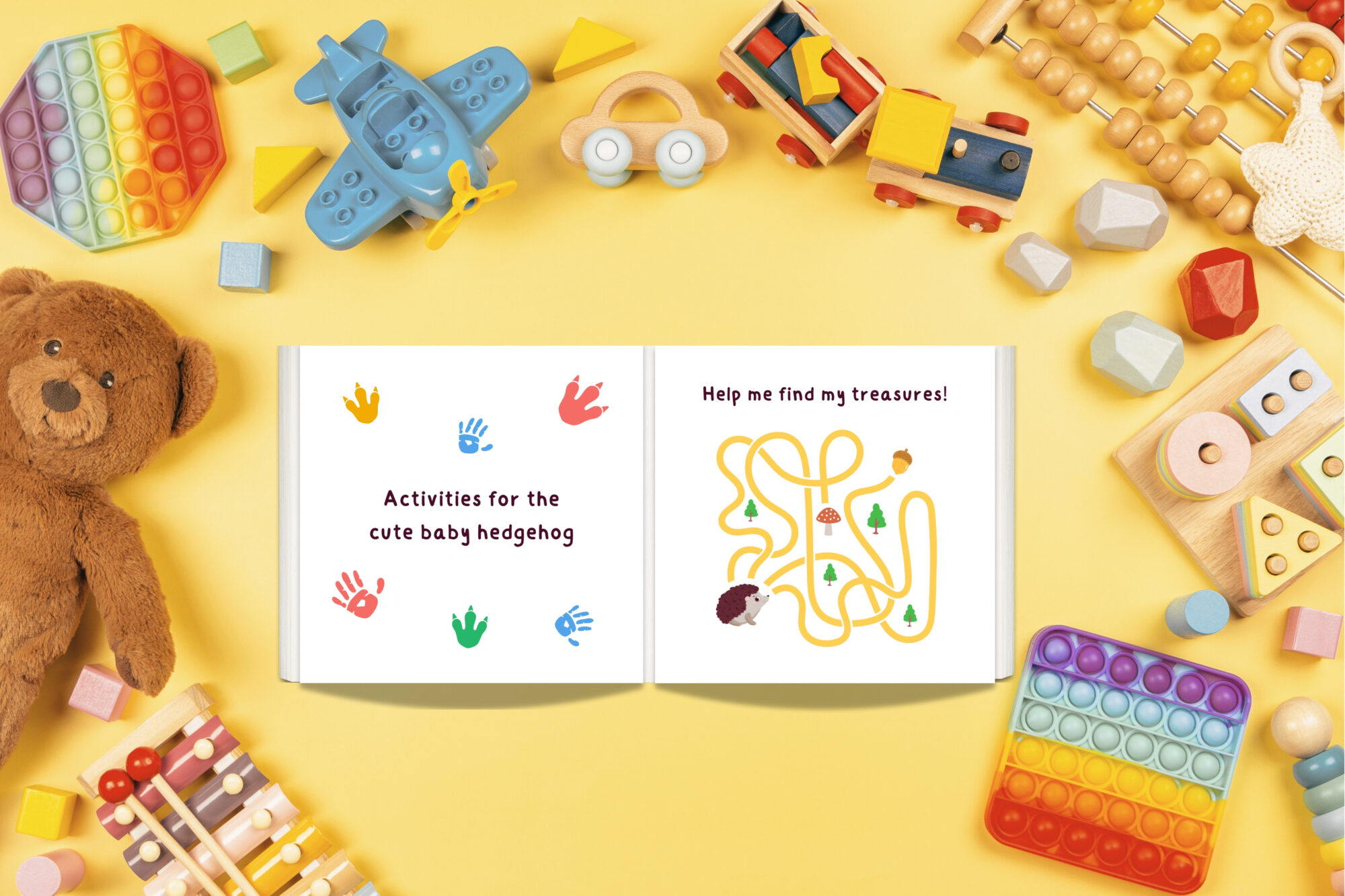 Children’s book activity page with coloring and observation games