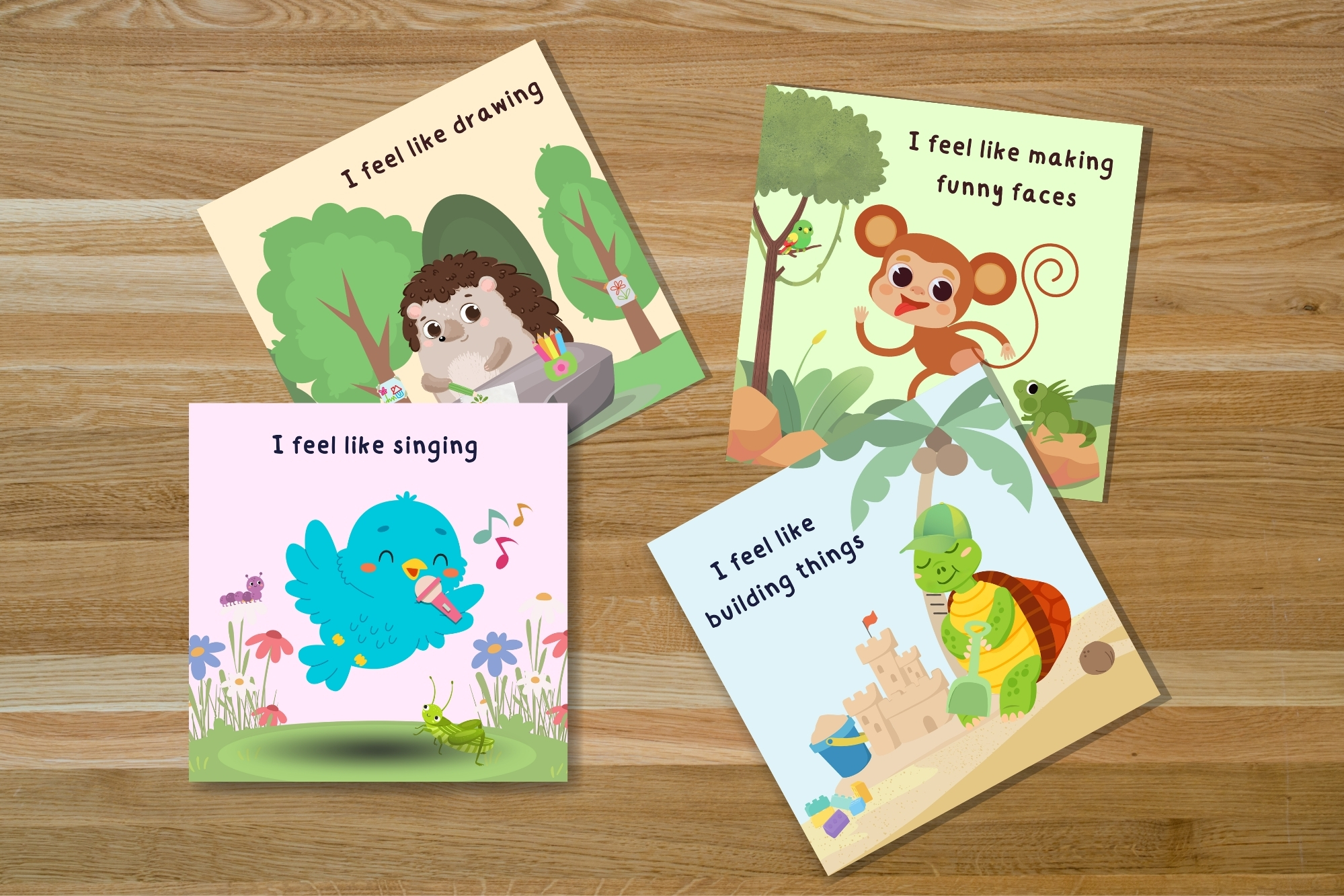 Today I Feel Like children’s book collection – 4 books Four books from the Today I Feel Like children’s picture book collection with cute baby animals: a monkey, a hedgehog, a turtle, and a bird