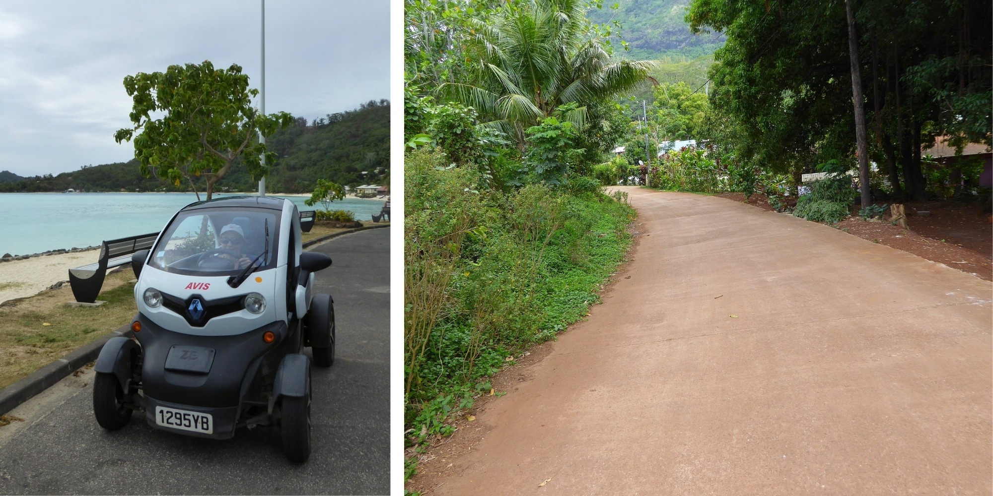 Voiture électrique Twizy et route de l'île — tour de Bora Bora, Polynésie française Collage du tour de l'île de Bora Bora : voiture électrique Renault Twizy louée chez AVIS et route unique de l'île bordée de végétation tropicale, Polynésie française