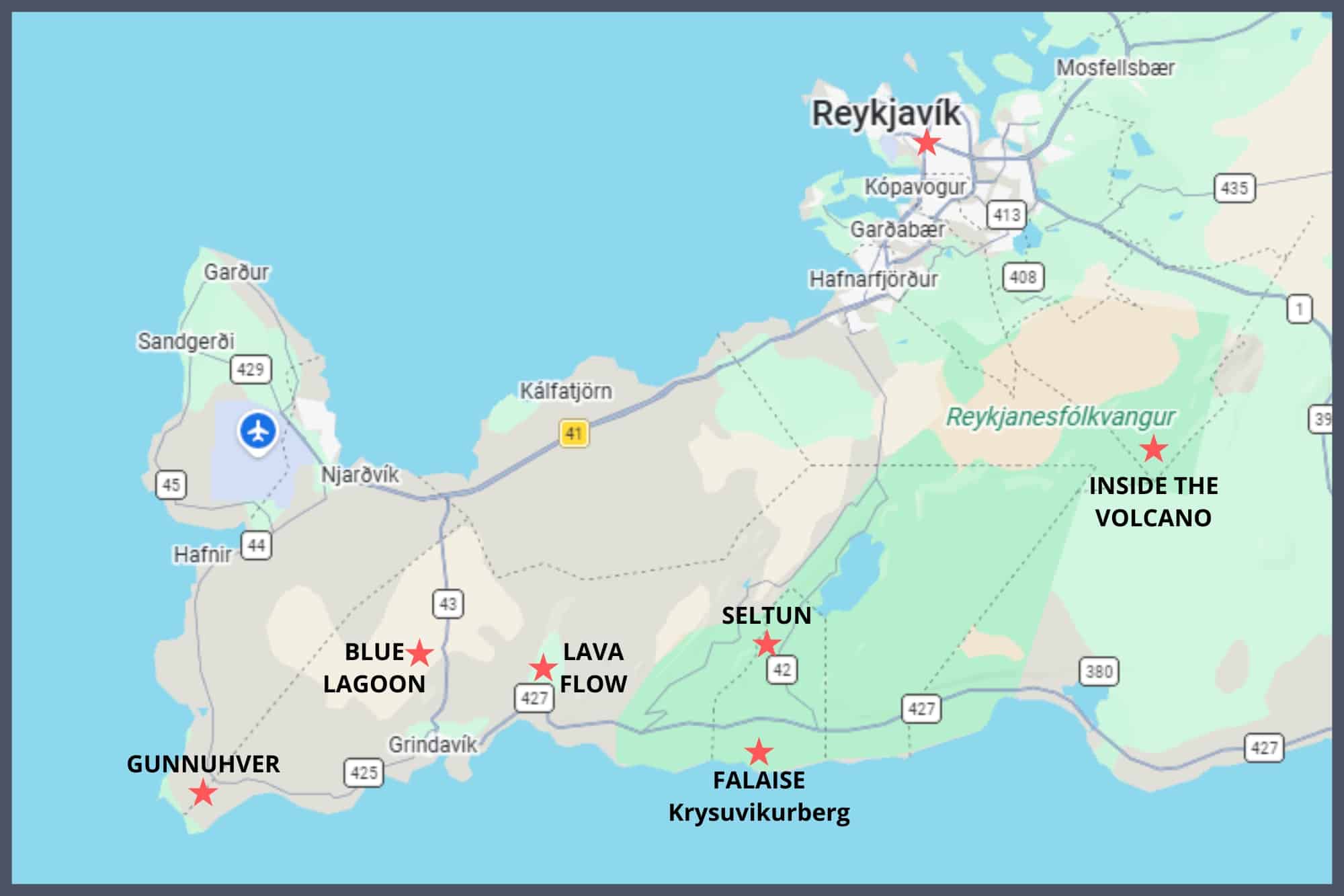 Carte péninsule de Reykjanes — Islande Carte lieux visités péninsule Reykjanes Islande