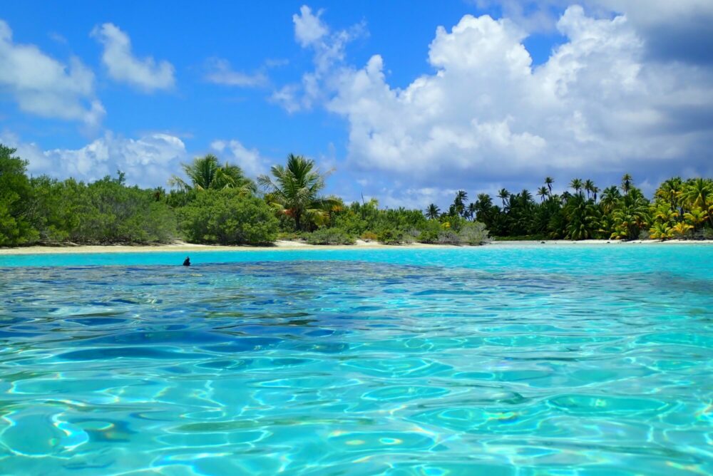 Snorkeleuse dans le lagon turquoise de la Passe Nord, Fakarava Polynésie française