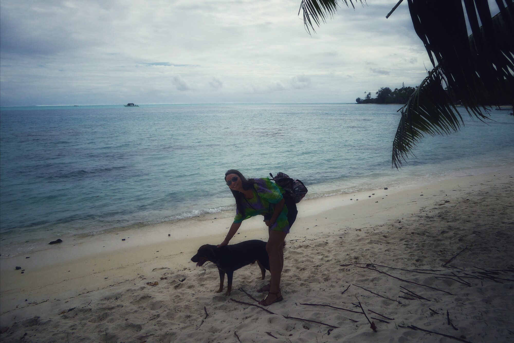 Chien errant sur la plage de Bora Bora — Polynésie française Voyageuse caressant un chien errant noir sur une plage de sable blanc de Bora Bora sous un ciel nuageux, Polynésie française