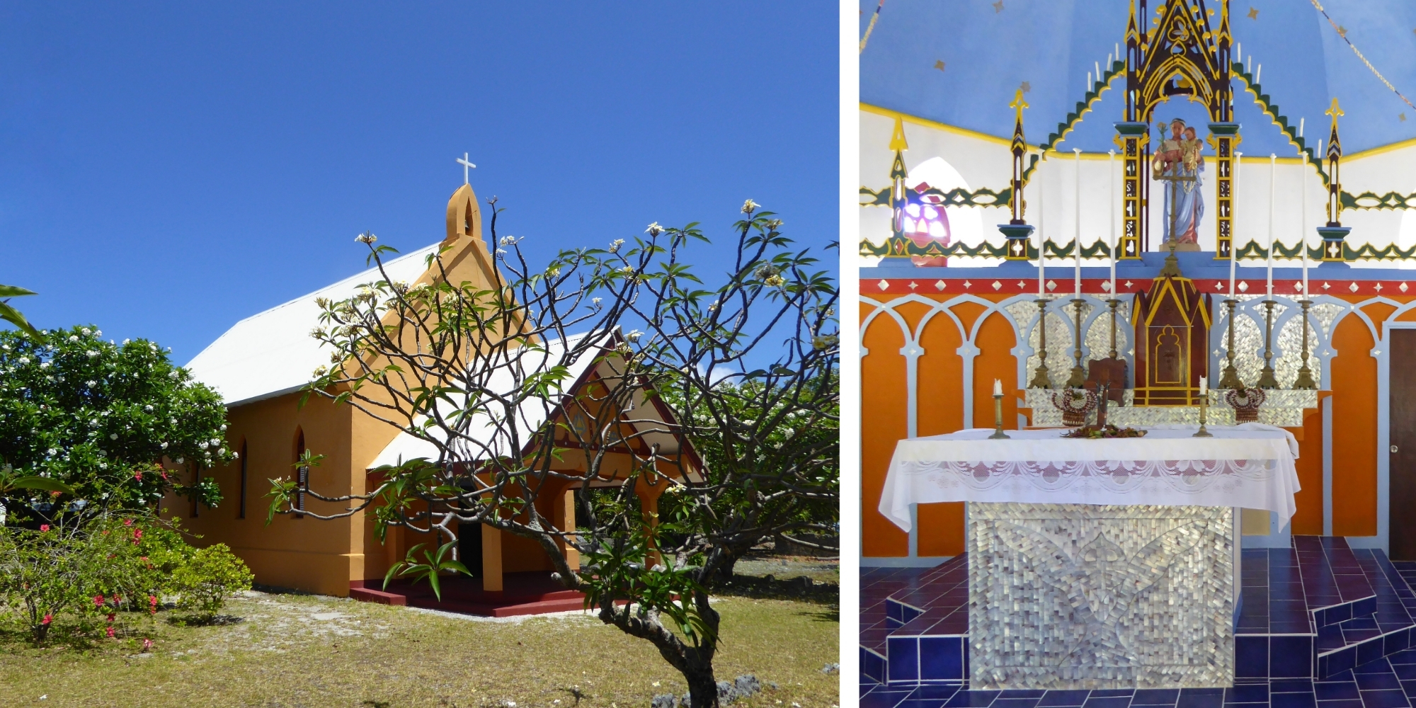 Église colorée de Tetamanu et son magnifique autel recouvert de nacre aux couleurs vives, village de la Passe Sud de Fakarava, Polynésie française