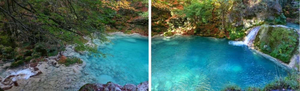 Bassins turquoise du río Urederra Deux bassins d'eau turquoise dans la forêt d'Urederra