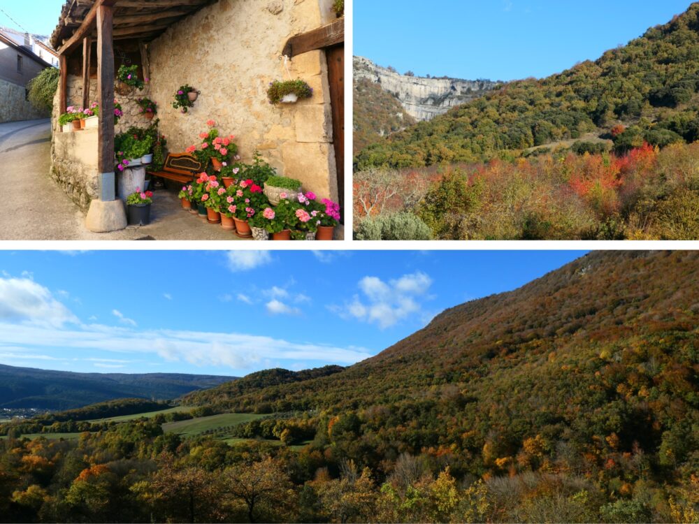 Village de Baquedano et vallée d'Urederra en automne Village fleuri et vallée automnale à Urederra Navarre