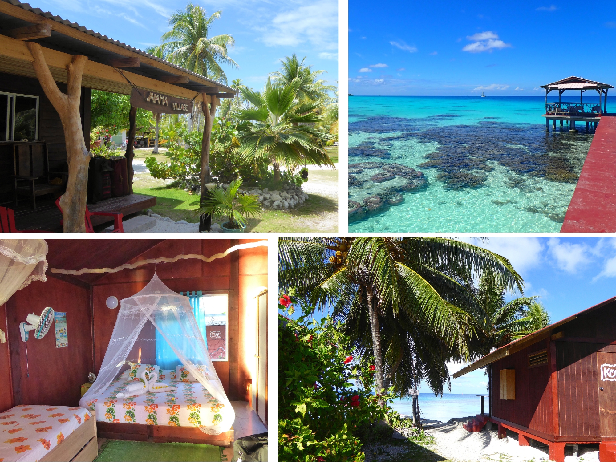 Collage de la pension Vaiama à Fakarava : entrée avec enseigne, ponton sur le lagon turquoise, intérieur du bungalow avec lit à baldaquin et vue sur la plage avec cocotiers et hibiscus, Polynésie française