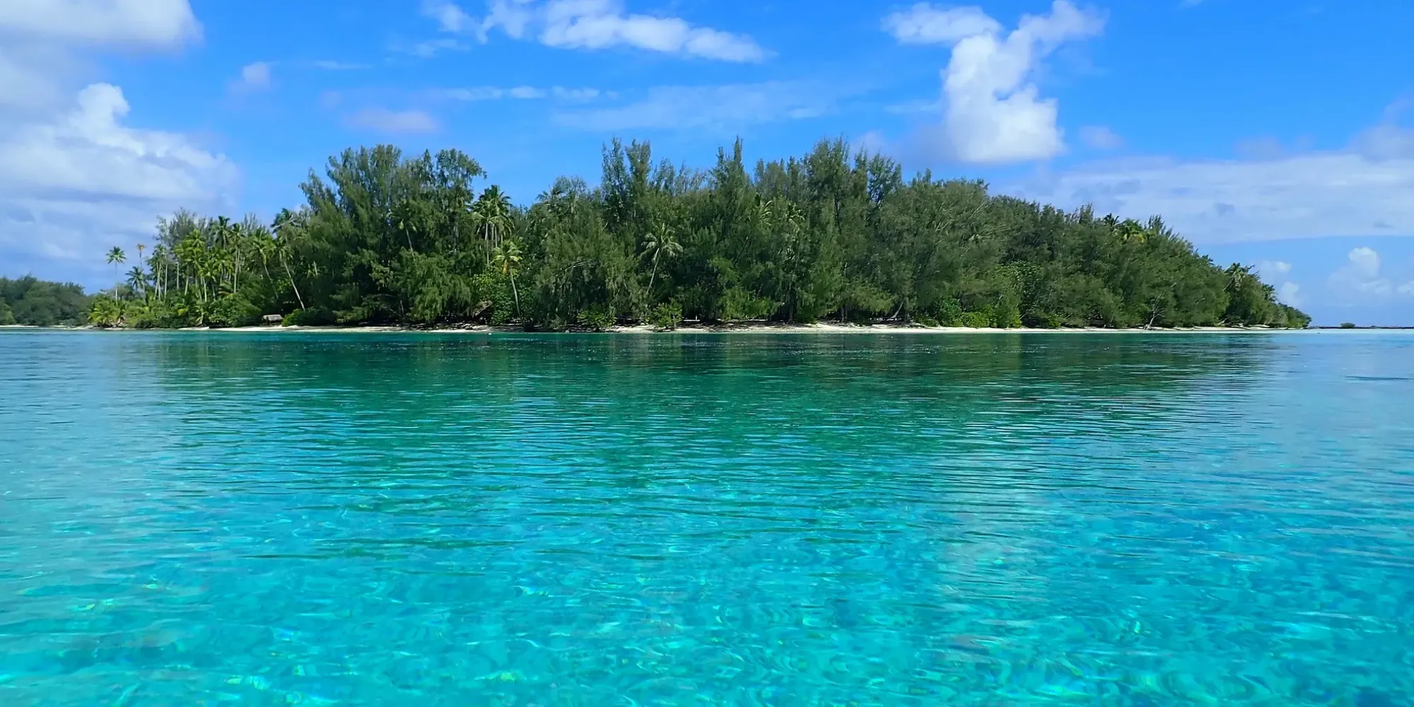 Petit îlot tropical dans le lagon cristallin de Moorea — Polynésie française Petit îlot boisé avec plage de sable blanc entouré d'un lagon turquoise cristallin sous un ciel bleu, Moorea, Polynésie française
