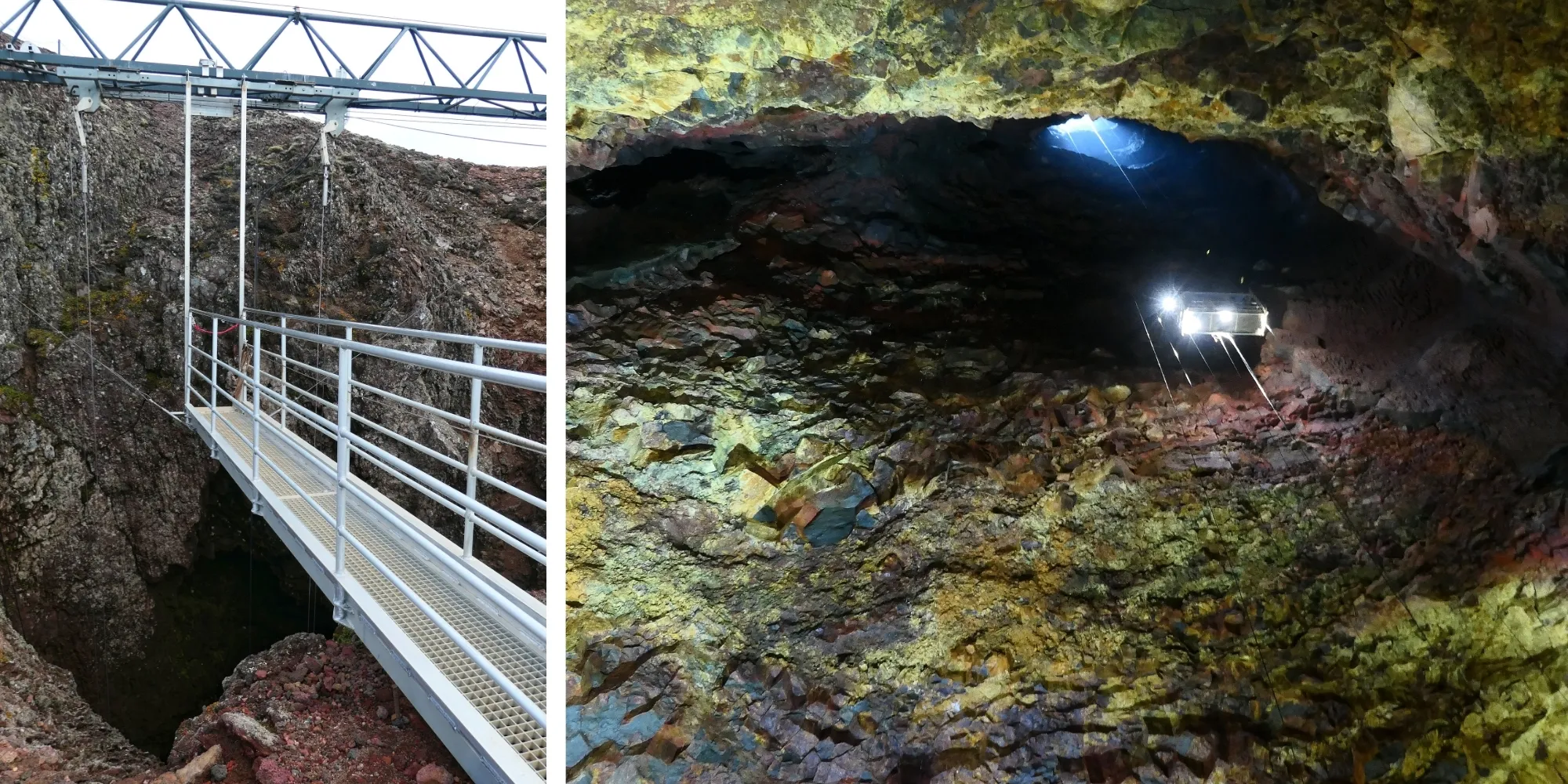 Passerelle d'accès au cratère Þríhnúkagígur en Islande Passerelle métallique cratère volcan Þríhnúkagígur Islande